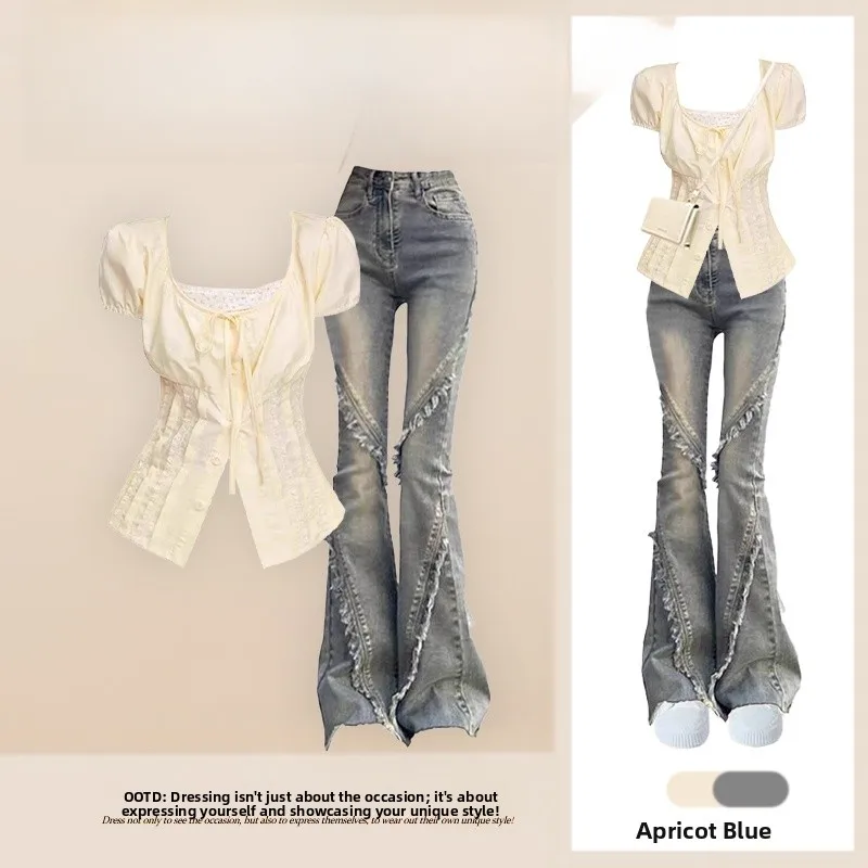 

Модный летний комплект из двух предметов: топ Sweet Sle Bubble Sve и джинсовые брюки с высокой талией в стиле ретро для женщин