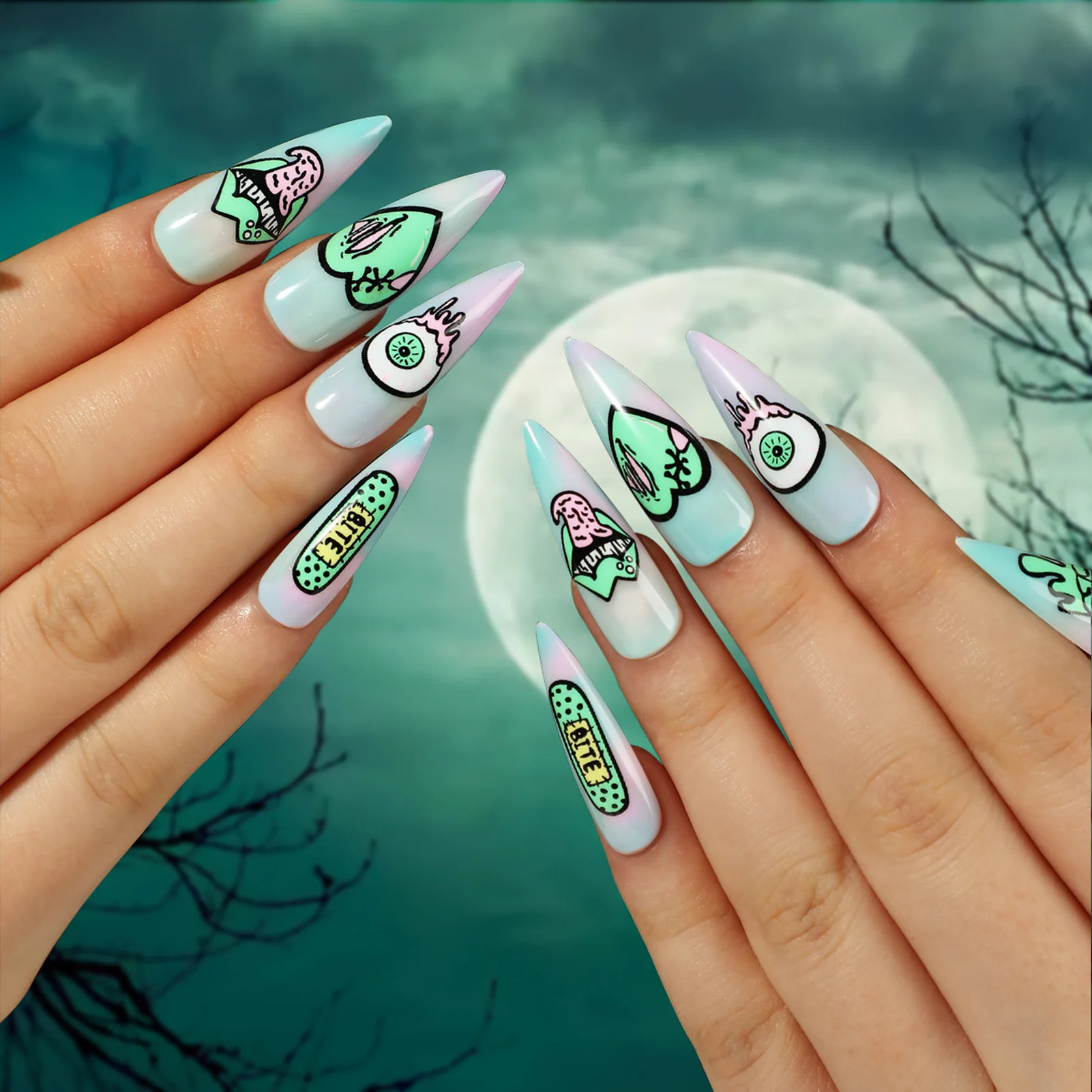 Pointed Tips Halloween Theme False Nail Waterproof Long Lating Glossy Fake Nail for Shopping Travel Dress Matching