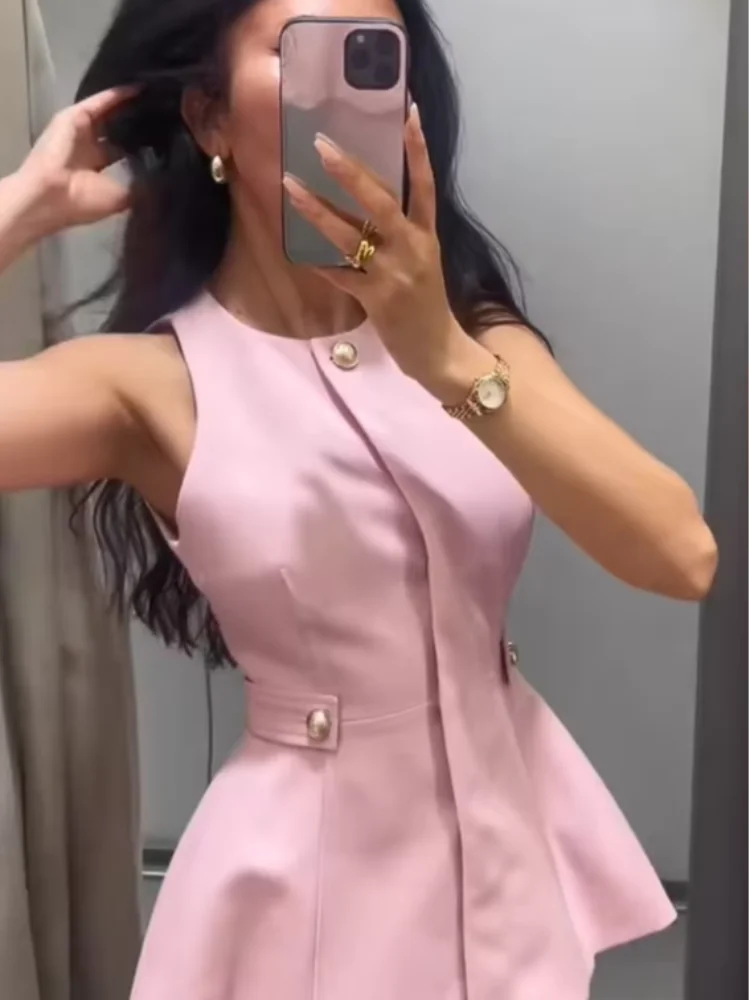 Casual Pink Suit 2 Piece Set Lady Fashion Sleeveless Button Top & Flare Long Pants 2026 Lady Summer Office Business Outfits