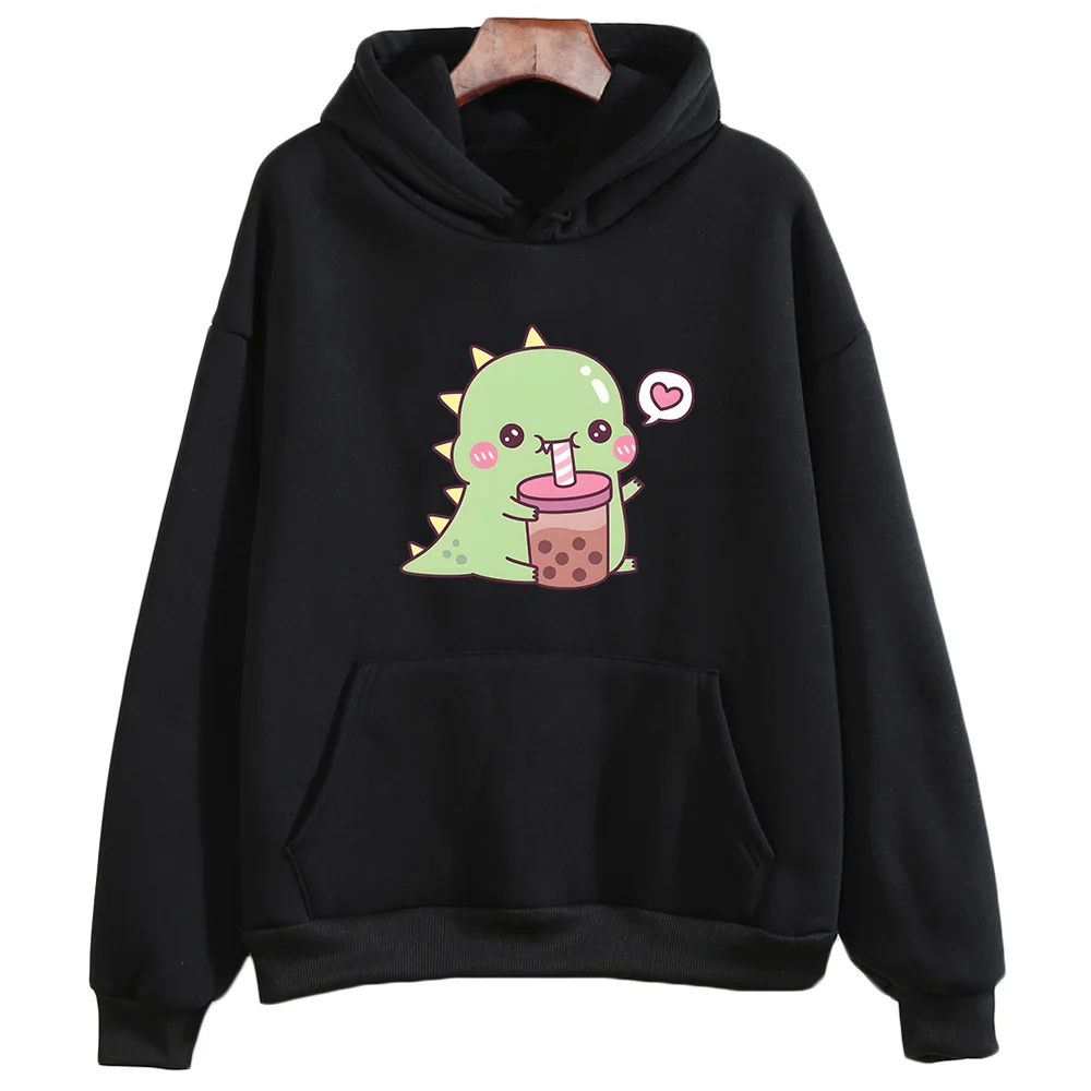 Kawaii/cute Boba Tea Dinosaur Hoodies Women/men Casual Sweatshirt Winter Fleece Clothing Long Sleeve Korean Aesthetic Pullover