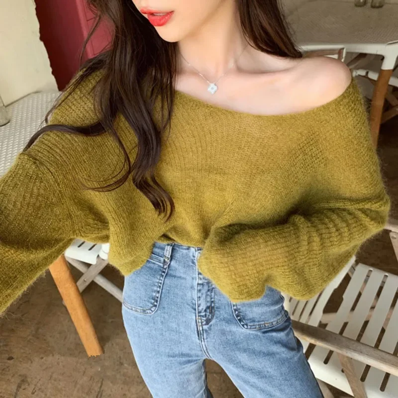 Women Fuzzy Thin Sweaters Cute V Neck Loose Short Knitted Top Summer Fashion Sheer Sunscreen Shirt Pullover Sweet Yellow Jumpers