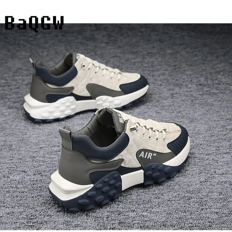 Chunky Sneakers Men Soft Sole Running Shoes Fashion Casual Leather Fabric Breathable Height Increased Flat Platform Board Shoes