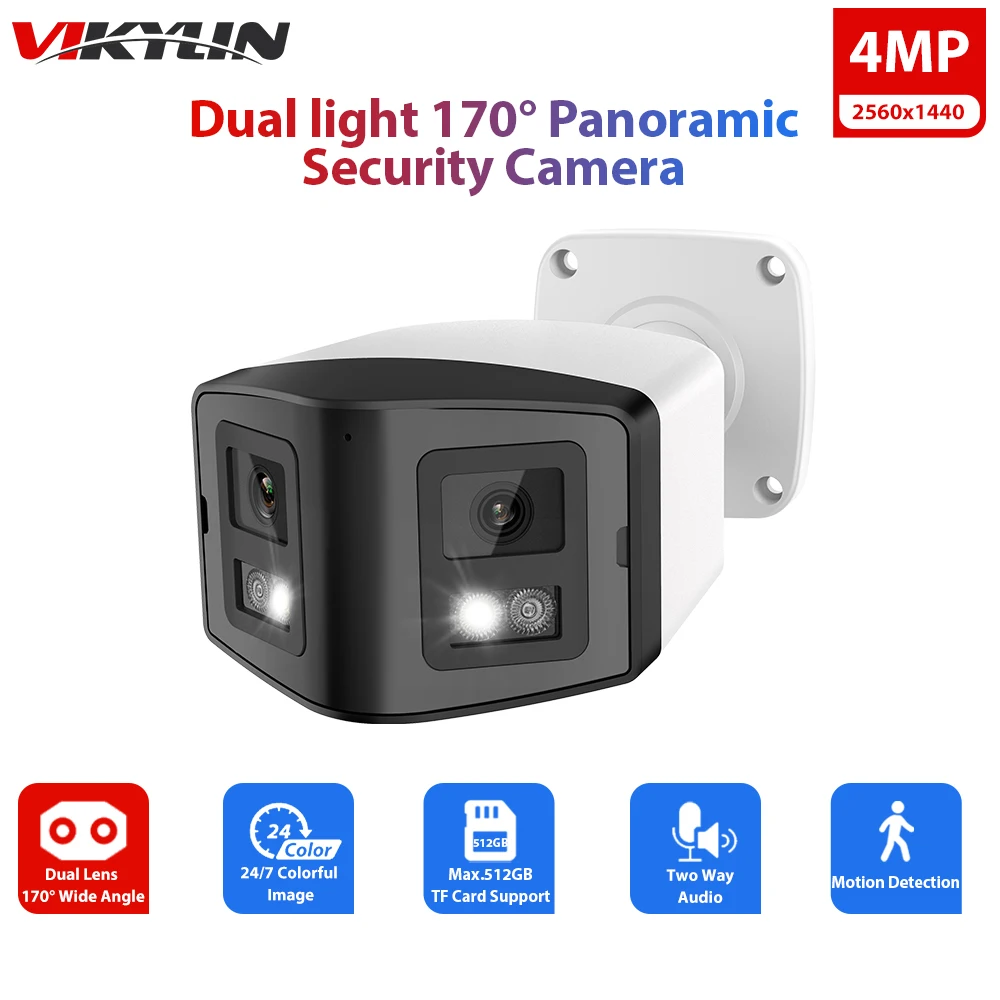 Vikylin Full Color Panoramic Security Camera 4MP Dual Lens Bullet Camera For Hikvision Compatible POE CCTV Surveillance Outdoor