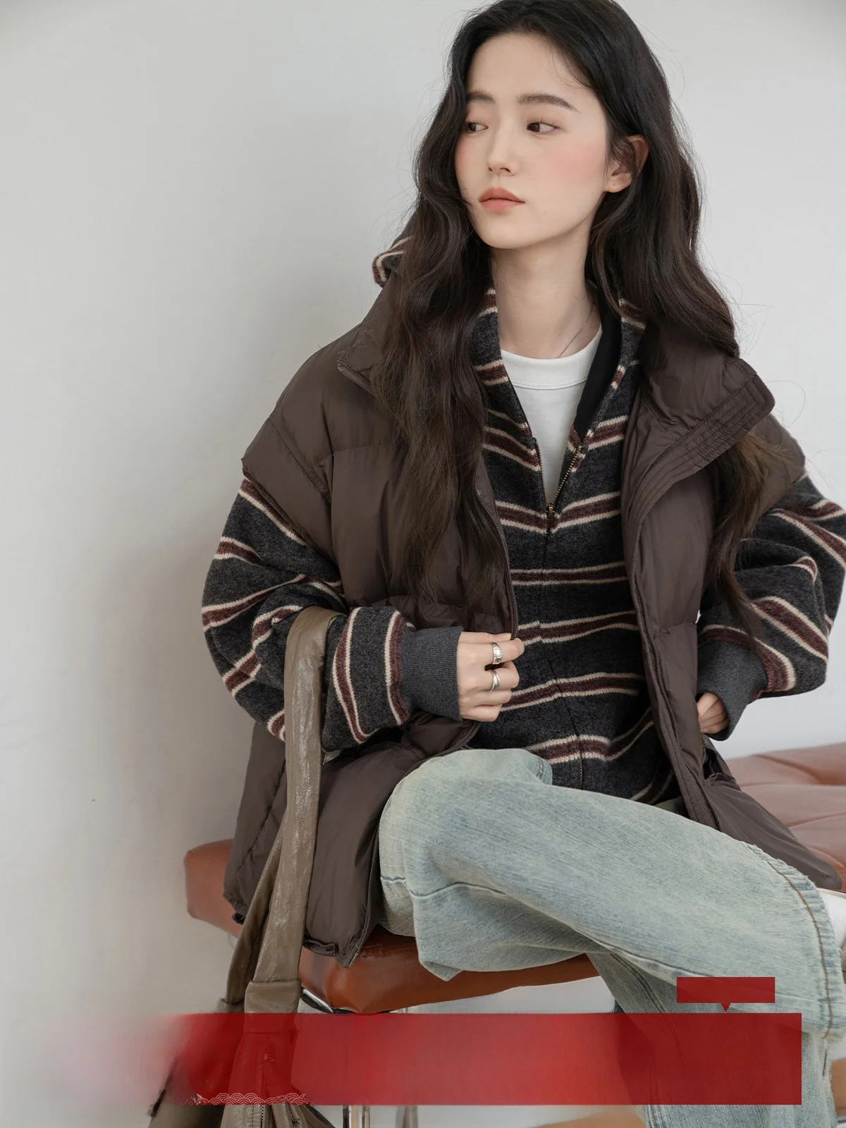 

MoZa Coffee High Collar Zipperl Svel Layering down Vest Women's Autumn Winter Loose Lazy Sle Vest Jaet