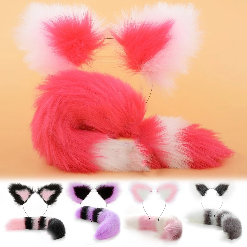 

Plush Fox Cat Ears Hair Hoops Headband Fluffy Faux Fur Animal Tails Set Halloween Party Cosplay Anime Props Dress Up Accessories