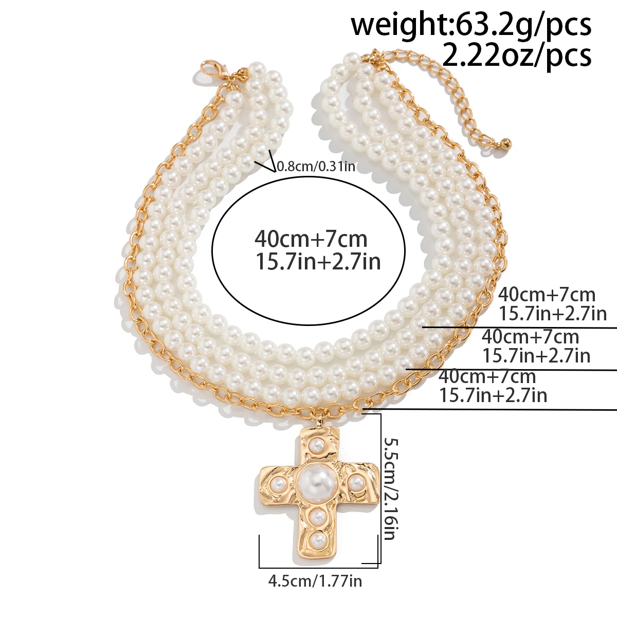 Elegant Multilayer Imitation Pearl Necklace with Cross Pendant