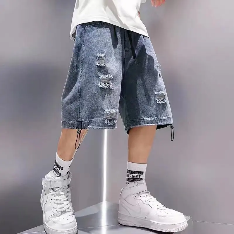 Summer Men's Drawstring Denim Shorts American Casual Fashion Loose Street Style Washed Ripped Knee-length Jeans