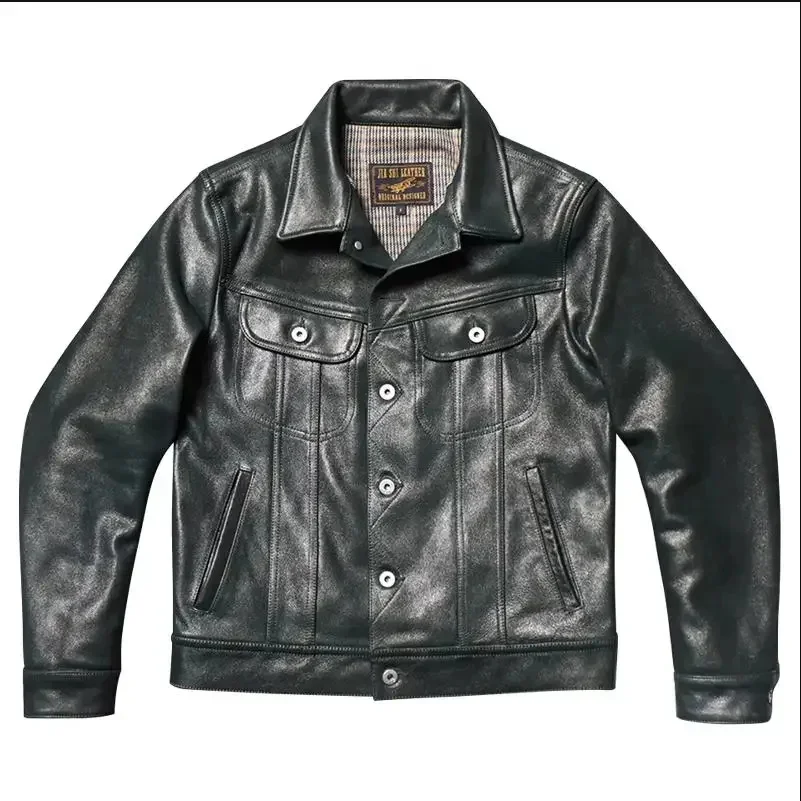 LNY!Wholesale.Mens slim fit denim leather jacket,Black Safari style Italian calf coat.Classic casual.real