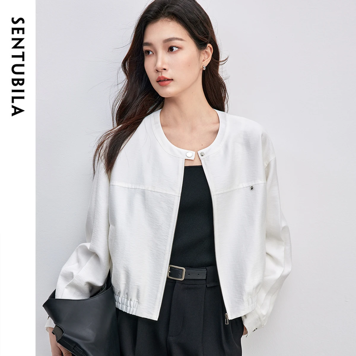 

Sentubila Lyocell Jackets for Women's Spring 2025 New O-neck Loose Fitted White Short Coat Long Sleeve Outwear Tops Q51W87851