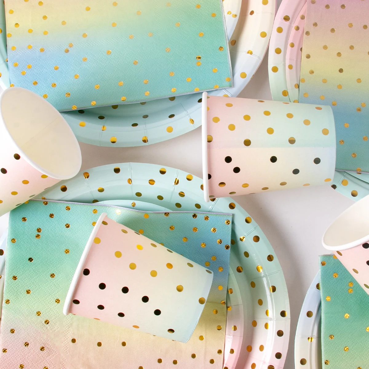 Rainbow gold dot happy birthday print Tableware Gradient Color Paper Plates Napkin cup Girls 1st 2nd 3nd Birthday Parties decor