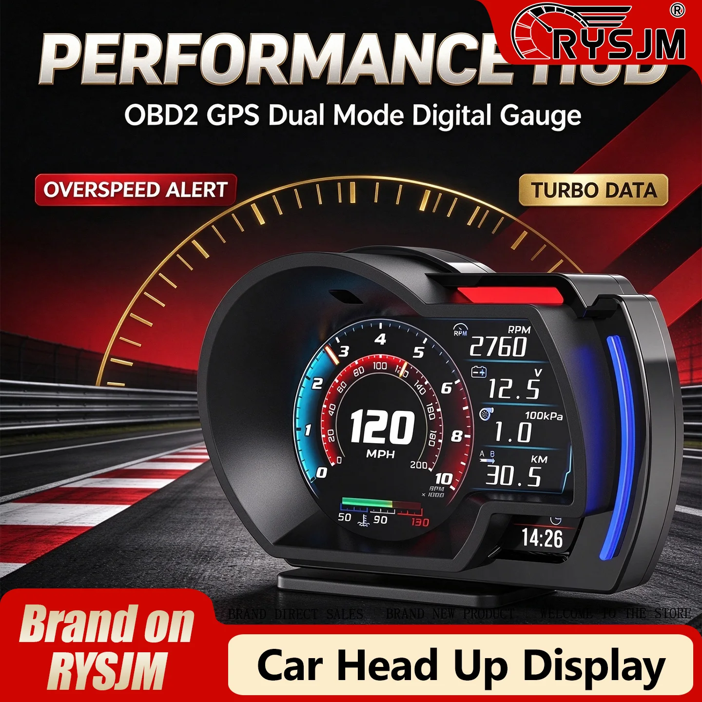 OBD2 GPS Car HUD Head Up Display Digital Smart Gauge Speed RPM Water Temp Voltage Turbo Pressure Meter With Overspeed Alarm