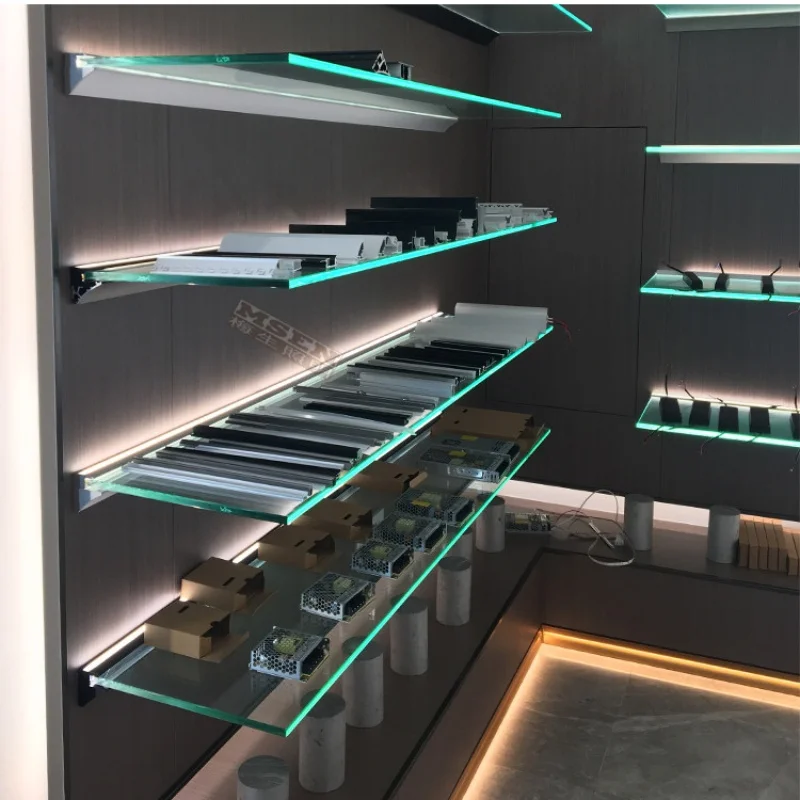 Wall Mounted Aluminum LED Glass Shelf Profile Layer Board Display Cabinet Storage Rack Wall Bookcase Bar Light for Home Decor