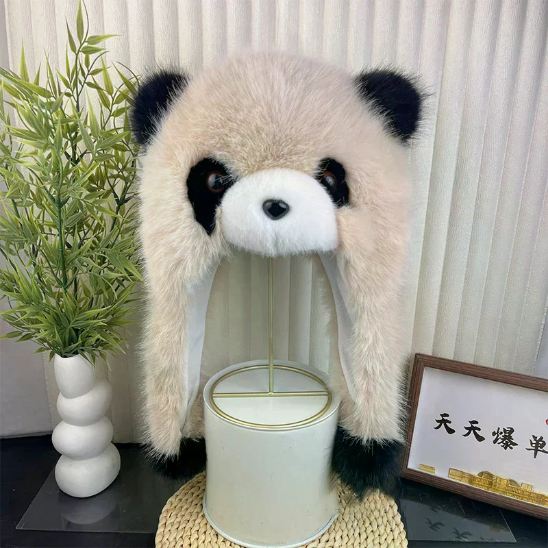 Faux Mink Fur Cap Plush Panda Hat Winter Women's Ear Protection Hat Fashion Bomber Hat Outdoor Thicken Furry Wind Snow Caps