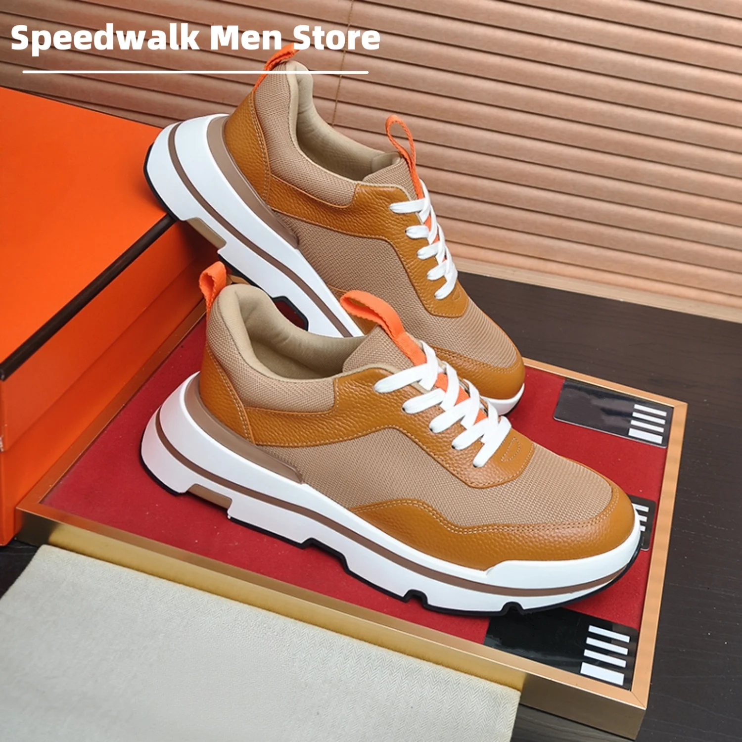 2026New Men Two Tone Leather Mesh Platform Sneakers Spring Autumn Lace Up Color Block Thick Sole Walking Casual Trainers