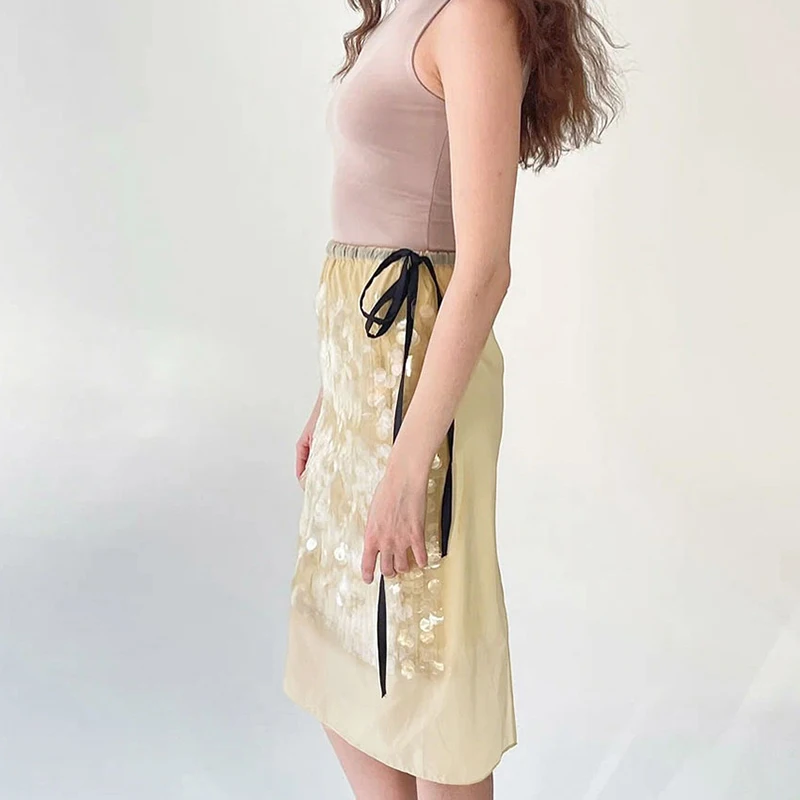 Ticketsx Sequin Lace-Up Mid-Length Skirt Women's Elegant High Waist Patchwork Autumn Skirt Lady Fashion Elastic Sexy Slim Skirts