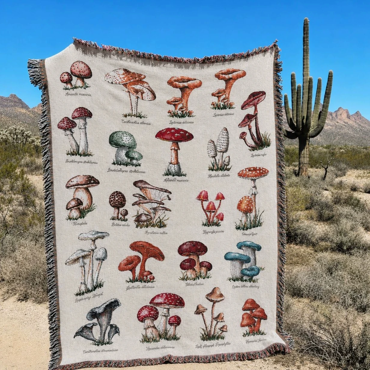 Vintage Mushroom Pattern Soft Knitted Blanket Jacquard Rustic Style Year-Round Tapestry For Home Decor Gifting Dropshipping