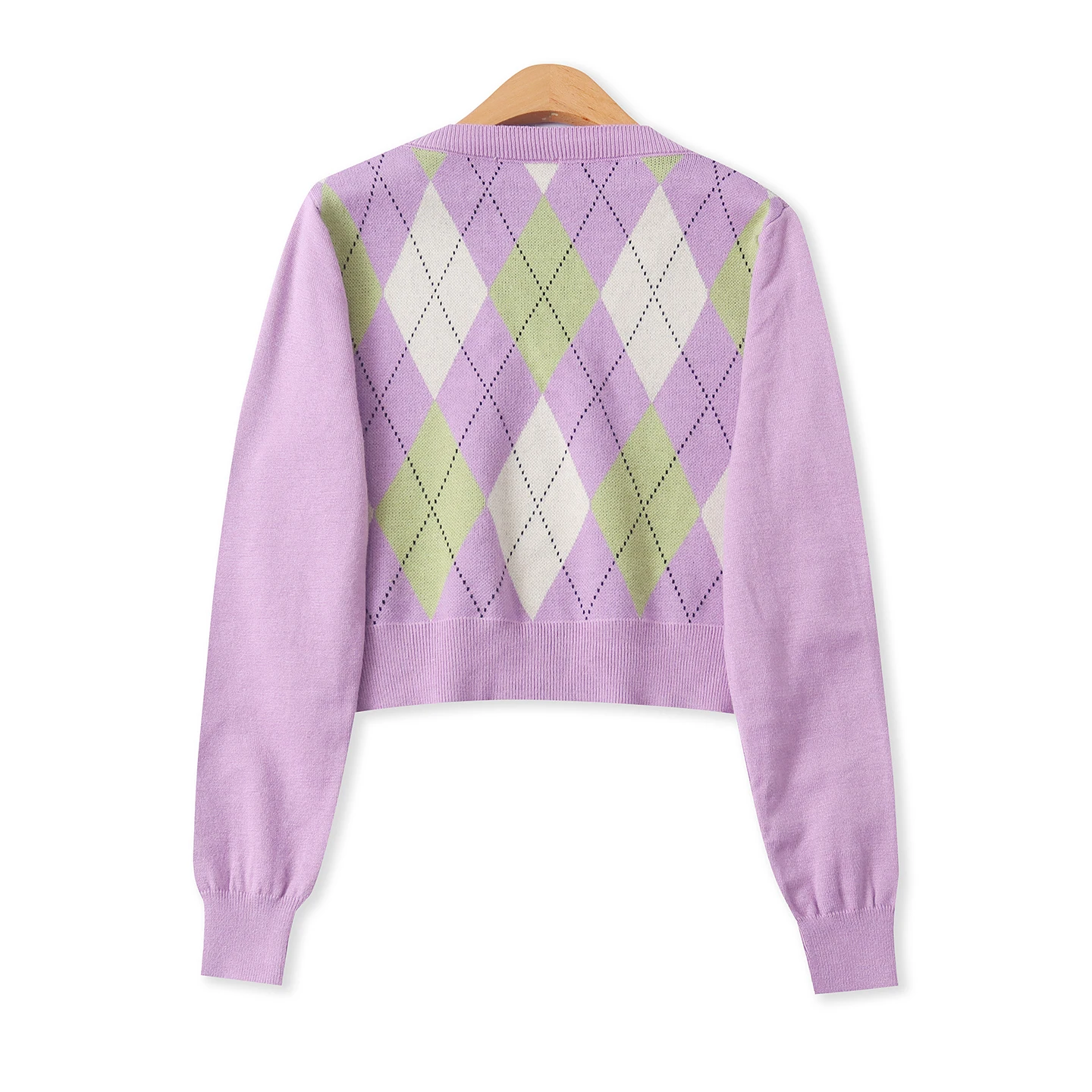 Suéter de Moda con Estampado de Diamantes, Manga Larga, Cuello en V, Estilo Dulce para Mujer, Primavera-Otoño, Tejido Hoado...