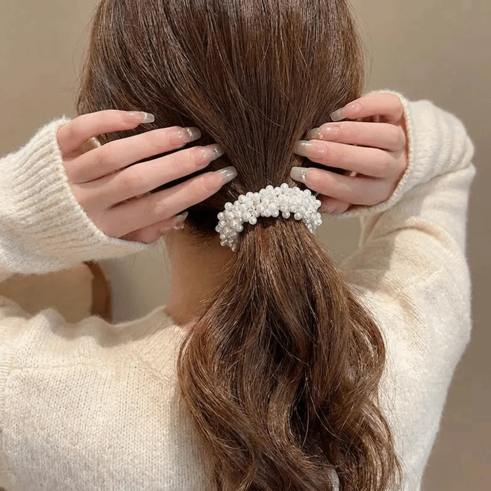 Decorative Sweet Faux Pearl Hair Ties Hand-Woven 2 in 1 Hair Accessories Bracelet Beaded Ponytail Holders Women