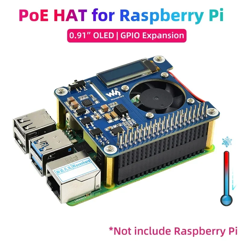 

Raspberry Pi 4 PoE HAT 802.3af Power Over Ethernet Expansion Board with Cooling Fan Temperature OLED for Raspberry Pi 3B 4B