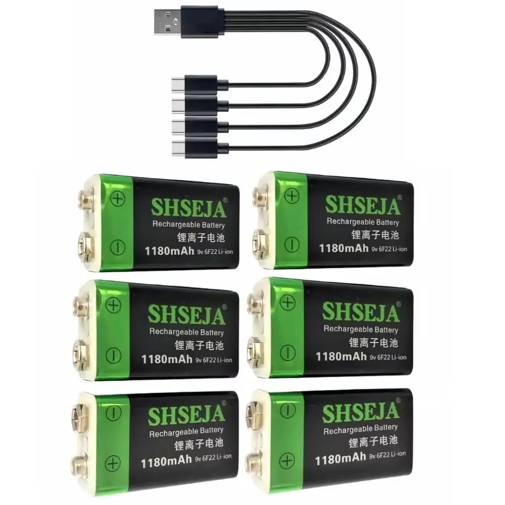 

6pcs/lot 1180mAh 9V rechargeable battery 6F22 USB lithium-ion battery fast charging via USB cable