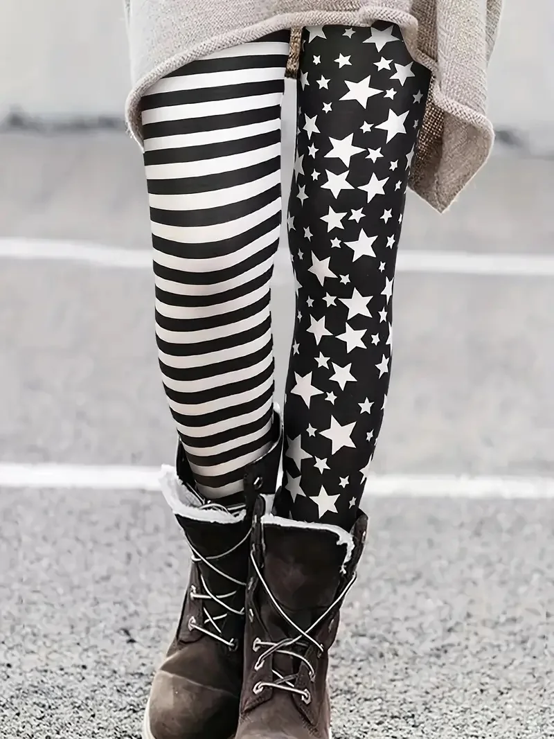 Striped & Stars Full Body Print Stretch Slim-fit Hip Lift slacks Elastic waist tight casual leggings for women