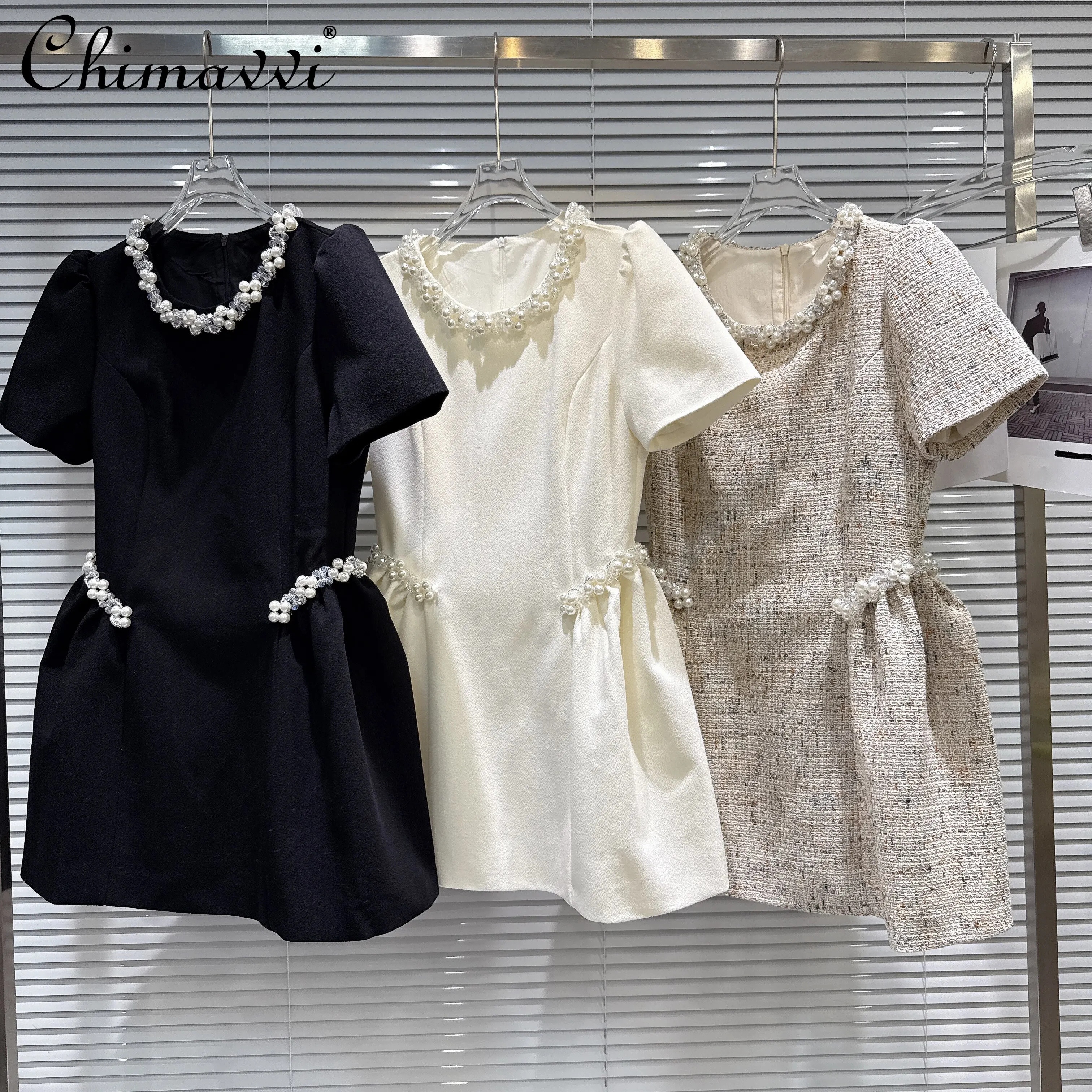 

2026 Spring French Style Sweet Elegant Socialite Pearl Beaded Round Neck Puff Sleeve High Waist Princess Short Dress for Women