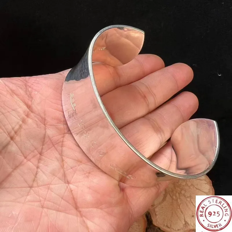 

925 Sterling Silver Minimalist Bangle, Bold Wide Arm Cuff, Trendy Versatile Fashion Jewelry