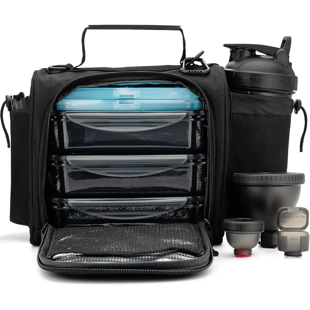 

Insulated Lunch Bag with Containers - Travel Meal Bag, Ice Packs, Shaker Bottle, Protein Shakers & Large Strap
