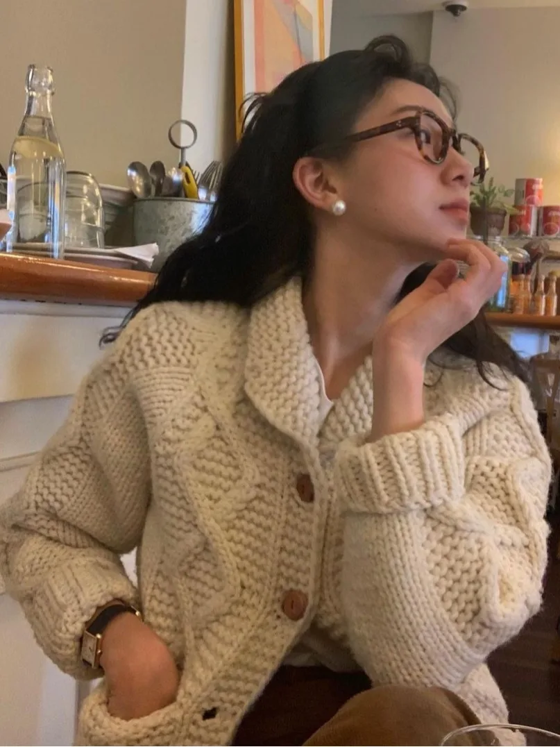 سترة نسائية طويلة الأكمام بياقة وتصميم محبوك ثقيل بطراز عتيق، مناسبة للخريف والشتاء، أسلوب الشارع العصري، ملابس خارجية عملية ...