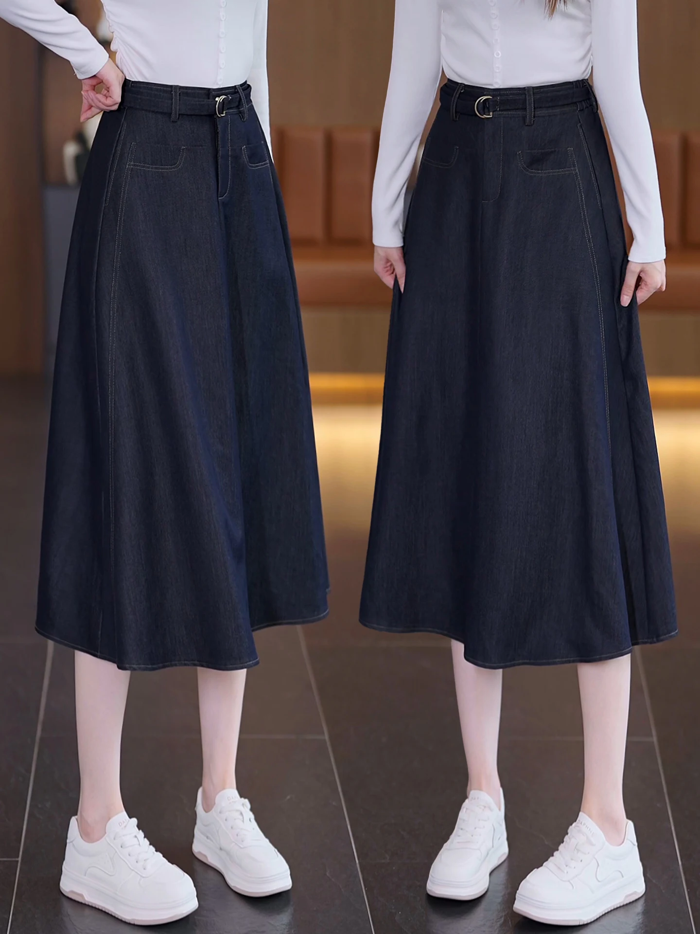 

High Waist A-Line Midi Skirt Denim Blue Women's Spring Autumn New Styleslimming Hip Covering Umbrella Skirt