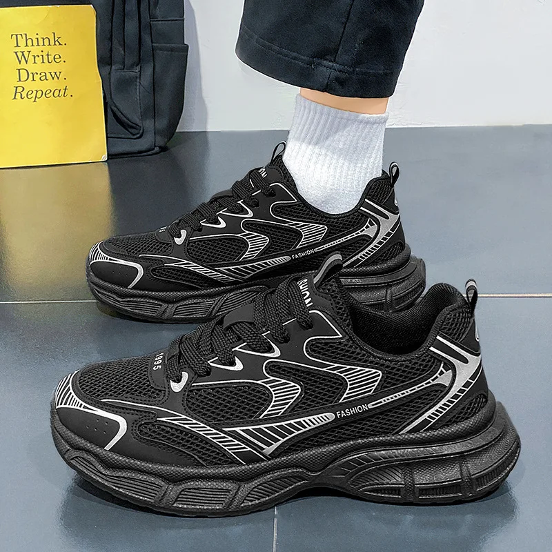 Autumn New Men's Shoes Silver Casual Sneakers With Mesh Breathable Running Shoes With Thick Sole For Sports And Running