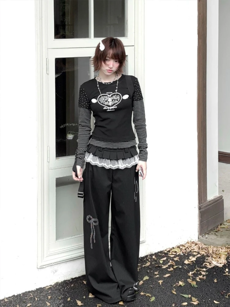 HOUZHOU Y2k Black Vintage Graphic Women T-Shirts Harajuku Sweet Striped Long Sleeve Polka Dot Japanese Style Tees Slim Casual