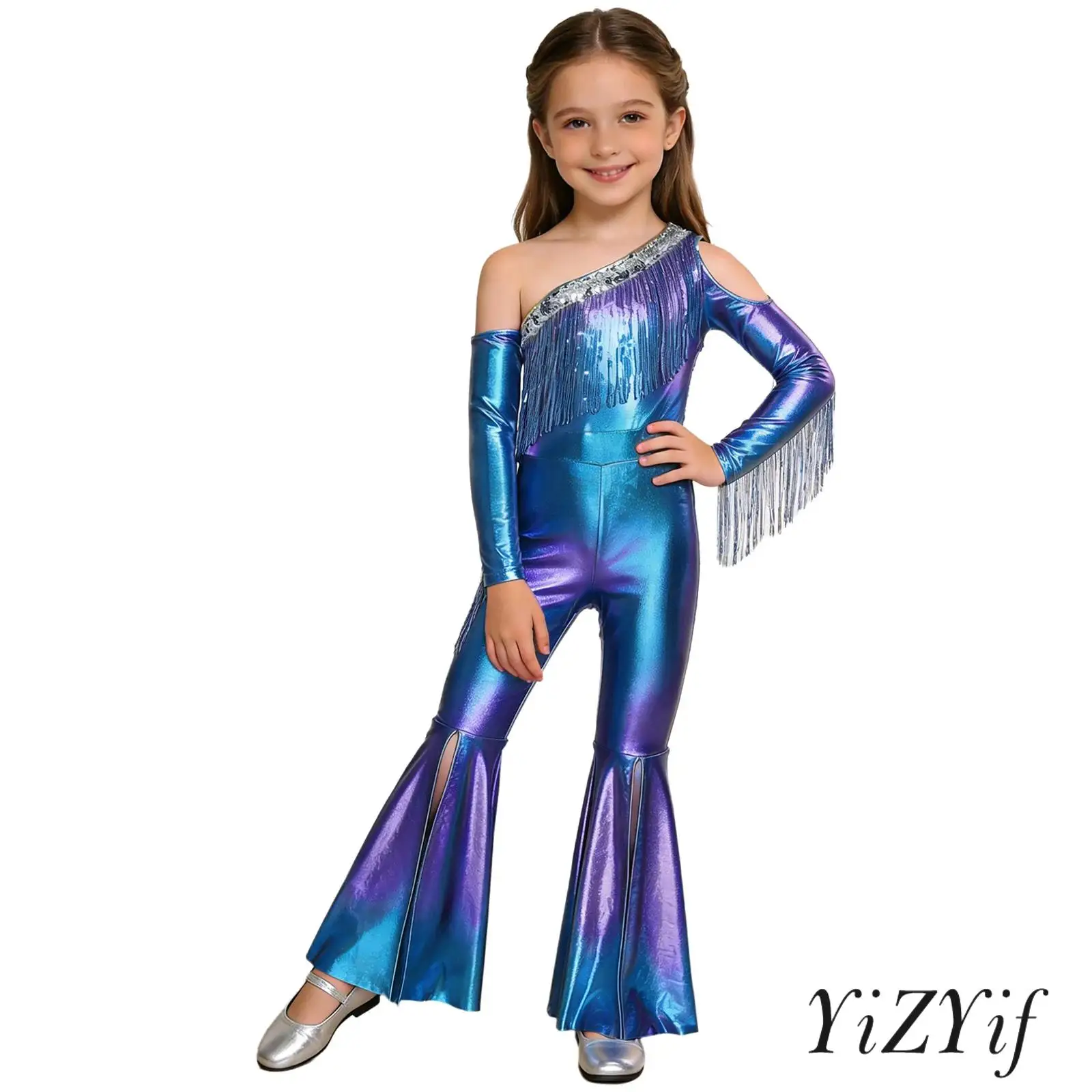 Girls Jazz Disco Dance Jumpsuit Metallic Shiny Rompers Off Shoulder Long Sleeve Sequins Tassel Slit Bell Bottom Legs Jumpsuit