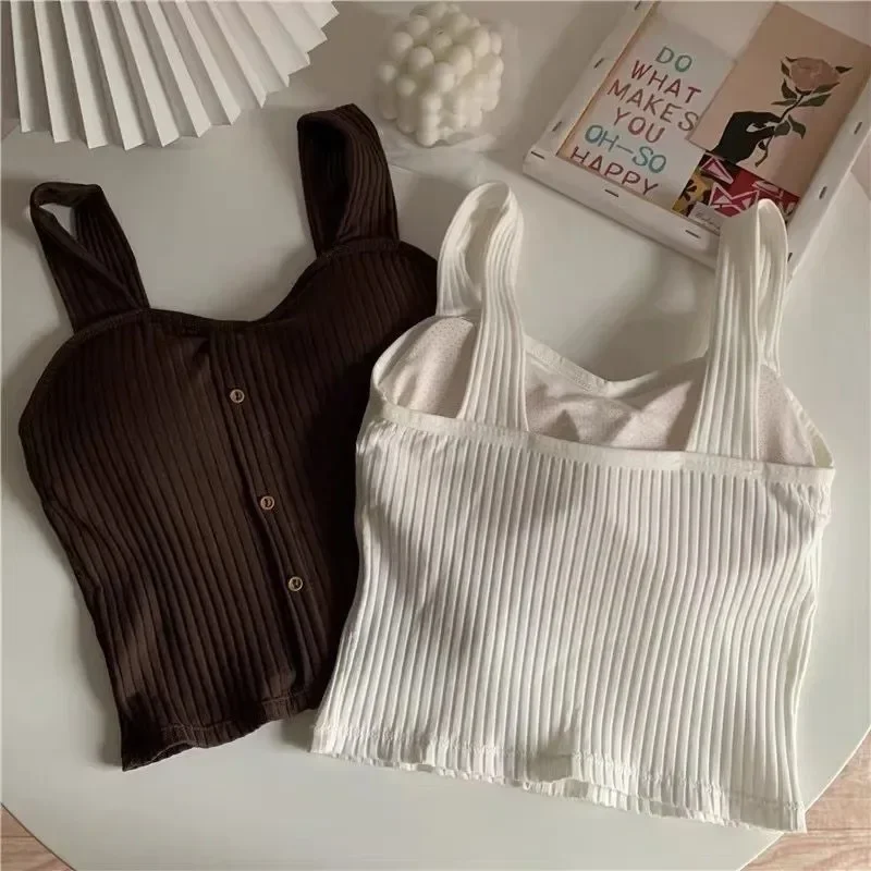 

Women's Cute Sleeveless Cropped Top 2025 Summer Korean Corset Top Camisole Knit Sexy Slim Solid Spaghetti Strap Bra Vest