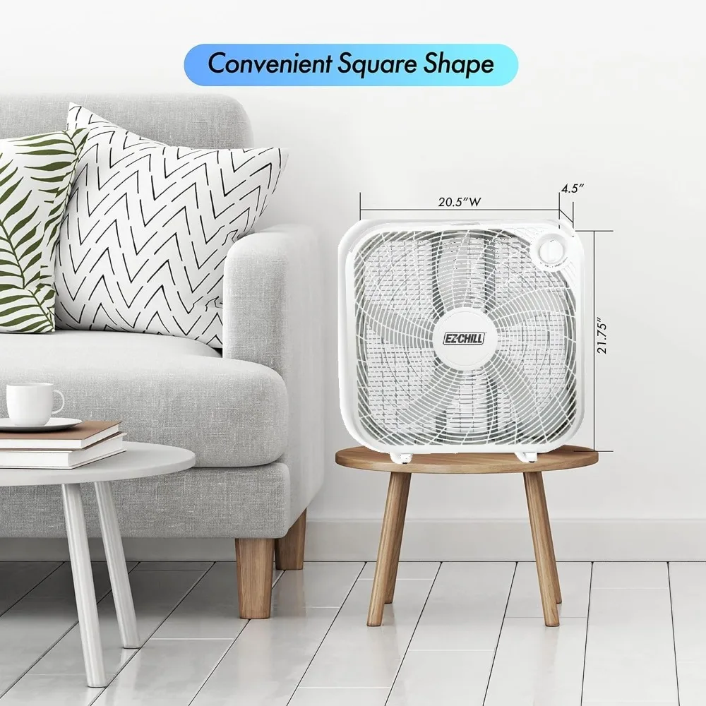 20" Box Fan, 3 Speed Ful Force Air Circulation, Ideal for Home, Bedroom, & Office, White