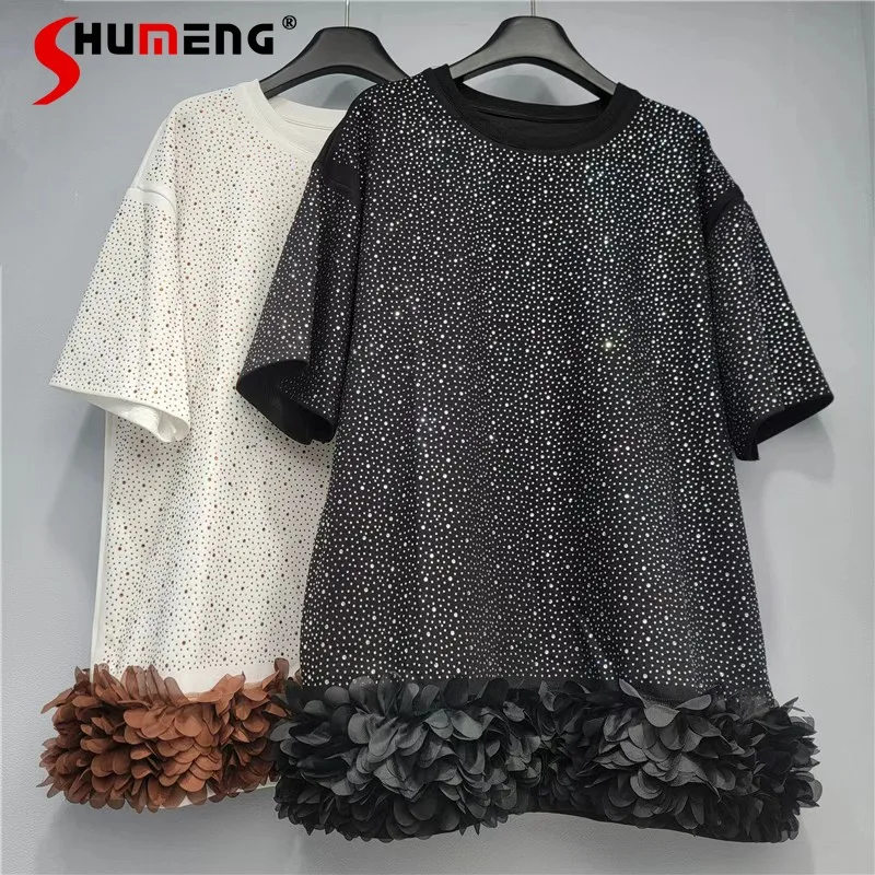 

Women 2026 Spring New Mid-Length Mesh Gauze Floral Tops Splicing High-End Starry Sky Diamond Solid Color Short Sleeve T-Shirts