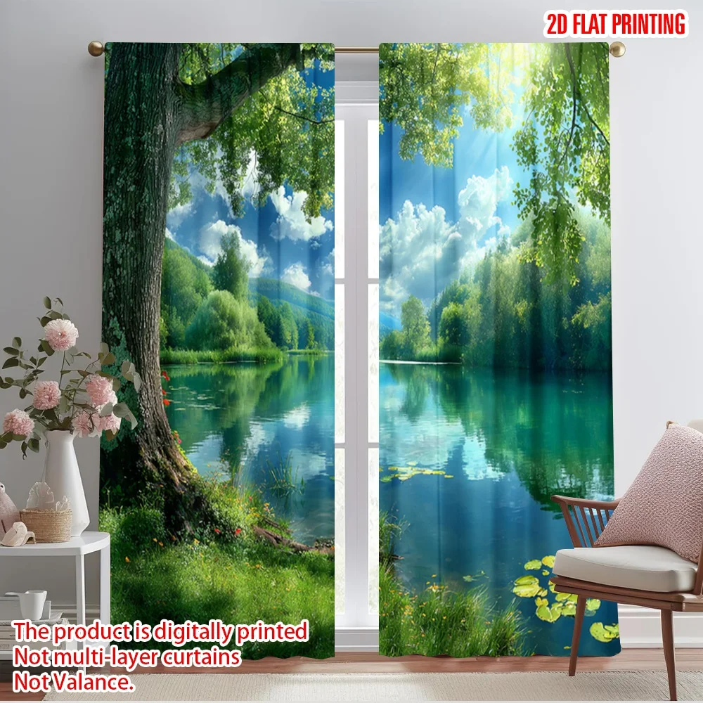 

2pcs 2D flat printing Window Drapes Serene Nature Lake Landscape Scene Polyester Without Electricity Family Party for Indoor