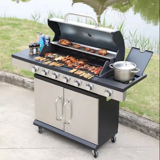 

Большая роскошная уличная газовая тележка для барбекю с термометром для семейных ужинов, ресторанов, коммерческих помещений, изготовленная из стали