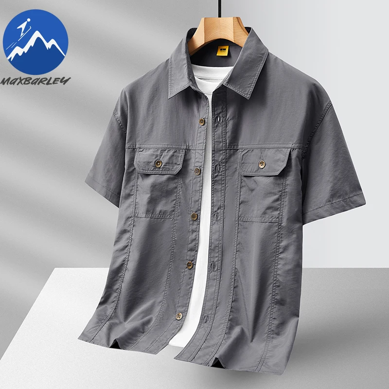 

Мужская рубашка с короткими рукавами Maxbarley, летняя повседневная быстросохнущая рубашка с несколькими карманами для охоты, мото, однотонная рабочая одежда, топ