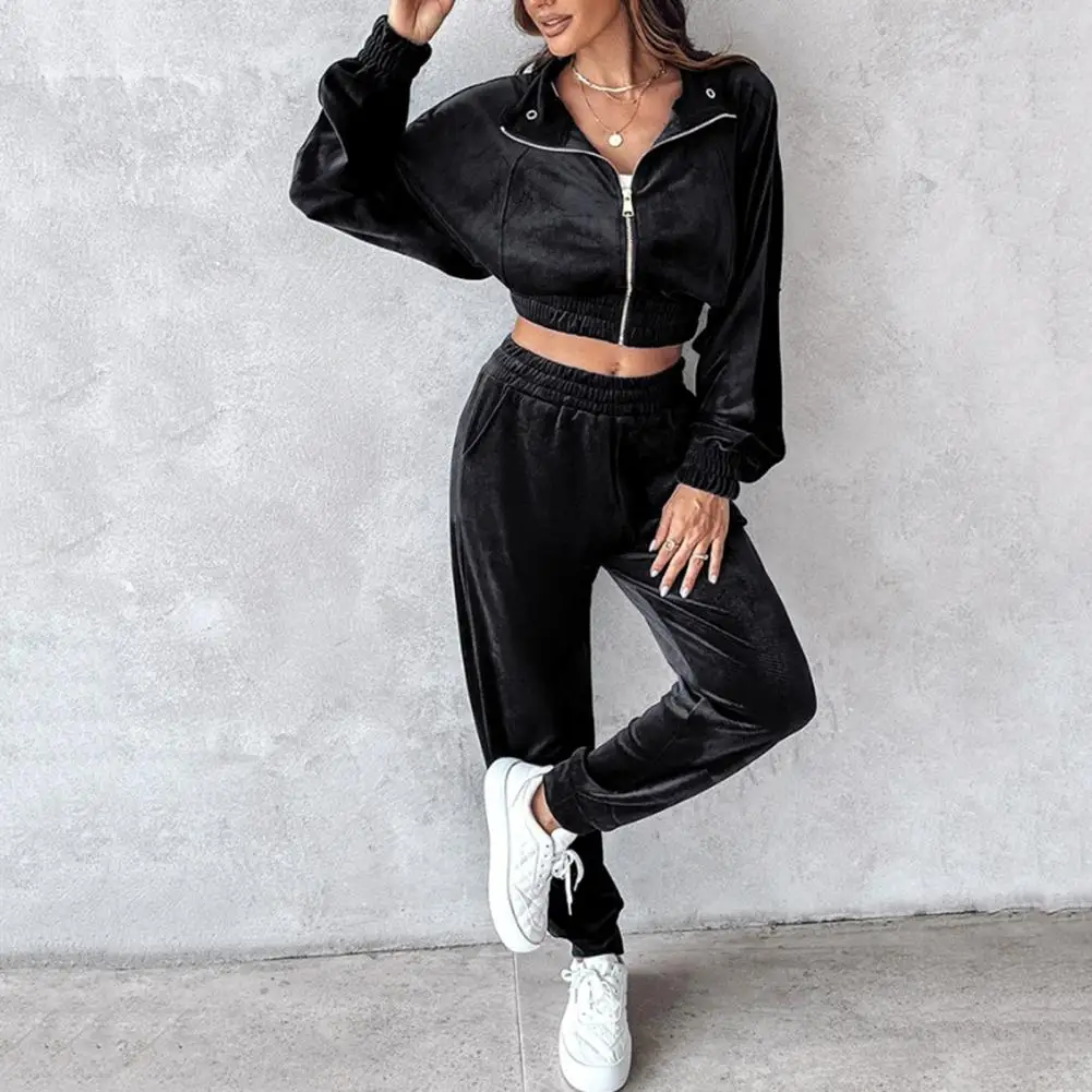 Velvet Tracksuit Women 2 Piece Set 2024 Fall Casual Zip Crop Jacket+Leggings Matching Streetwear Sporty Suit