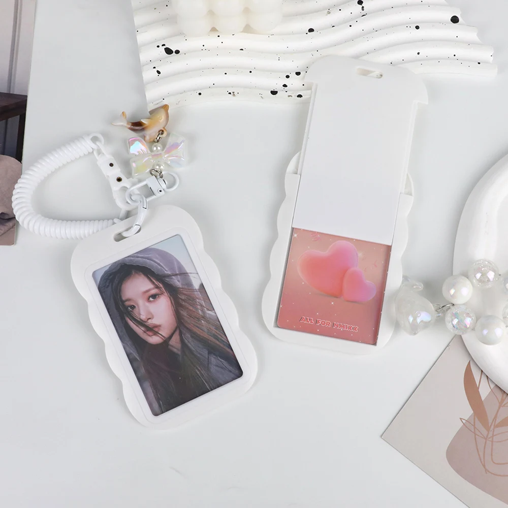 Vertical Idol Photocard Holder Sliding Photo Sleeves White Card Holder Protector Case Ins Photo Frame Girl Gift Anti-loss Chain