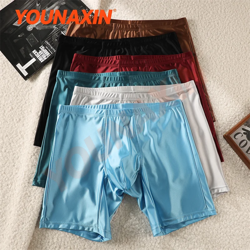 6 Pieces Men's Boxer Briefs Ice Silk Sexy Breathable Long Leg Indoor Yoga Fitness Running Sports Underwear M L XL 2XL YOUNAXIN