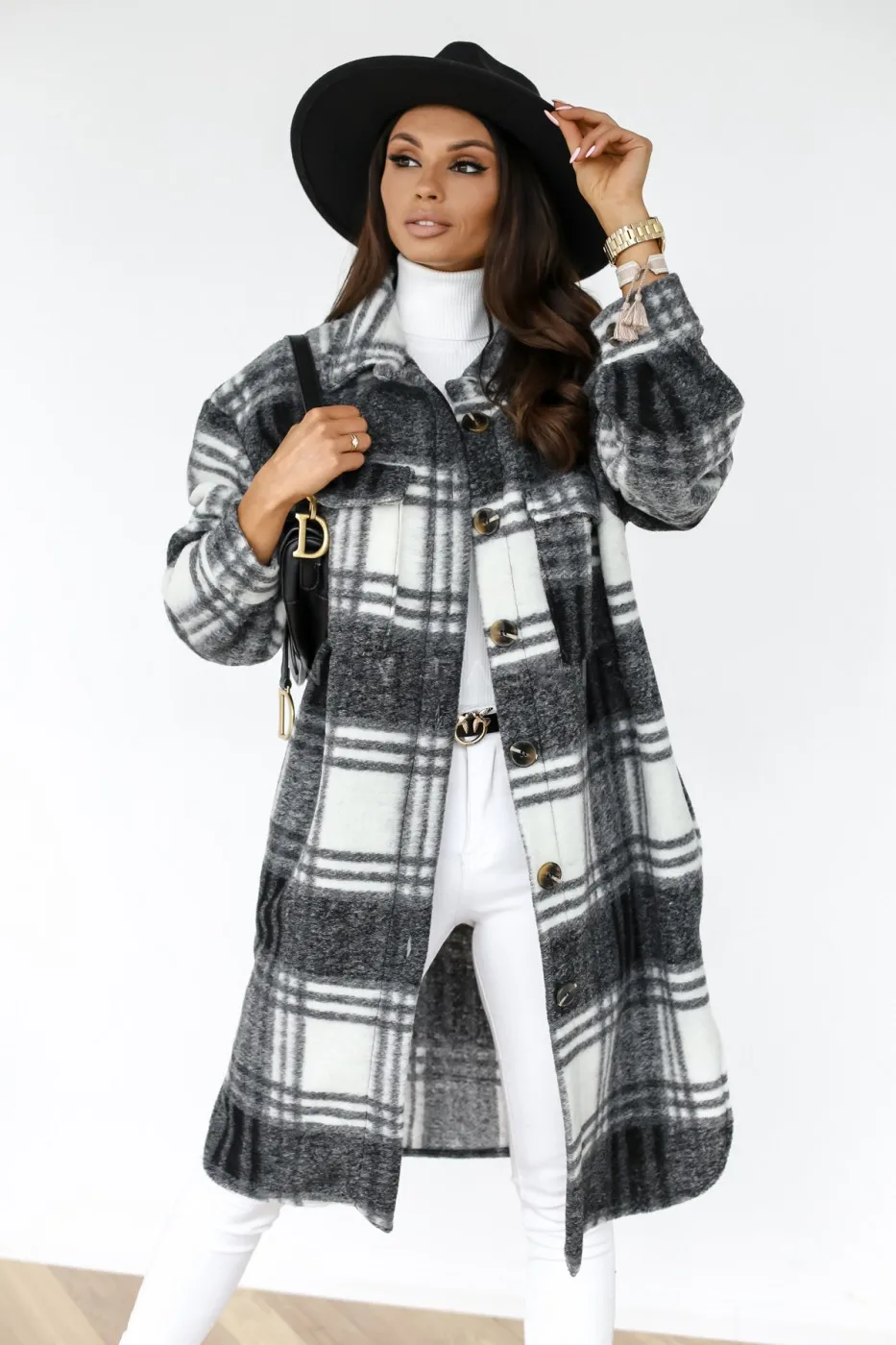 Women Collared Plaid Long Shacket Button Front Loose Coat Casual Versatile Daily Commuter Outerwear
