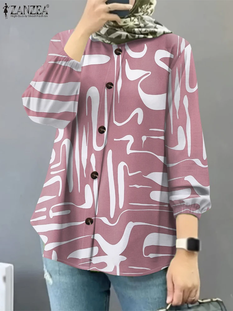

ZANZEA All-Over Printing Casual Loose Tops Button Up 2025 Spring Long Sleeve Muslim Chemise Hijab O Neck Women Islamic Shirts