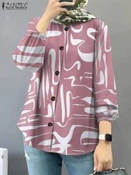 ZANZEA All-Over Printing Casual Loose Tops Button Up 2025 Spring Long Sleeve Muslim Chemise Hijab O Neck Women Islamic Shirts