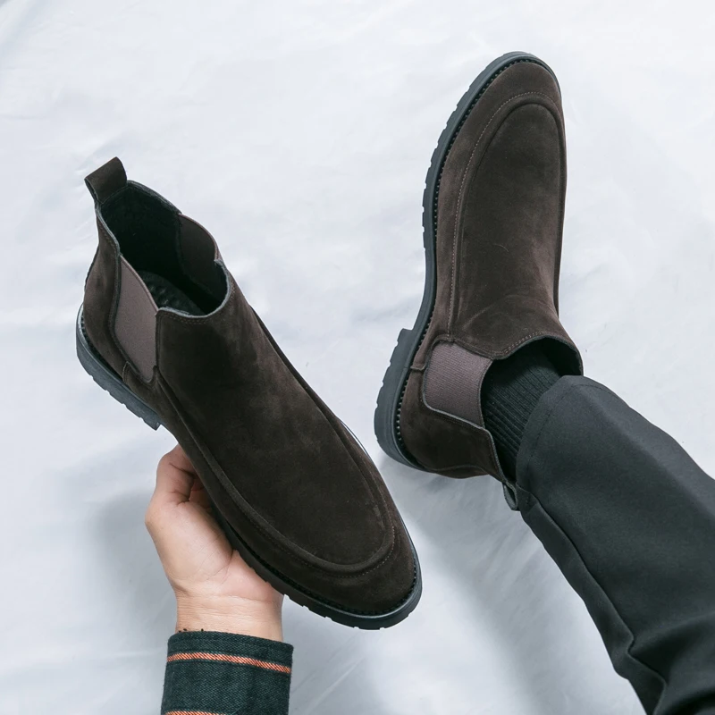 Gentleman Chelsea Boots Men Plus Size 46 Slip On Suede Men’s Leather Boots Brown Bussiness Pointed Boots For Men botas masculino