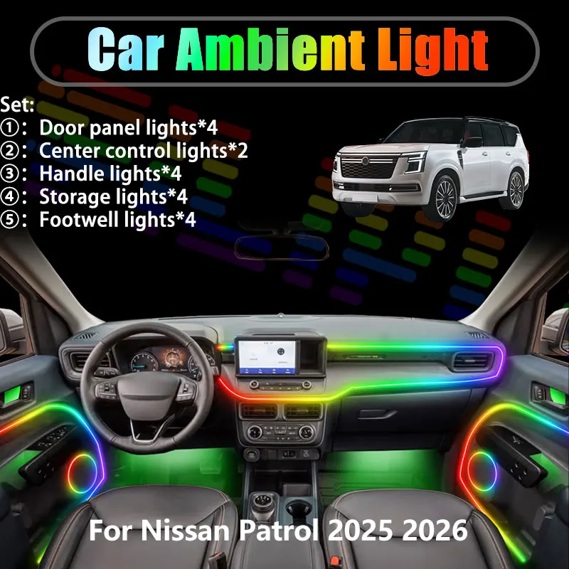

For Nissan Patrol 2025 2026 Armada Y63 2/18 in 1 Car ambient lighting Led trunk interior led lights USB RGB Ensemble Streamer