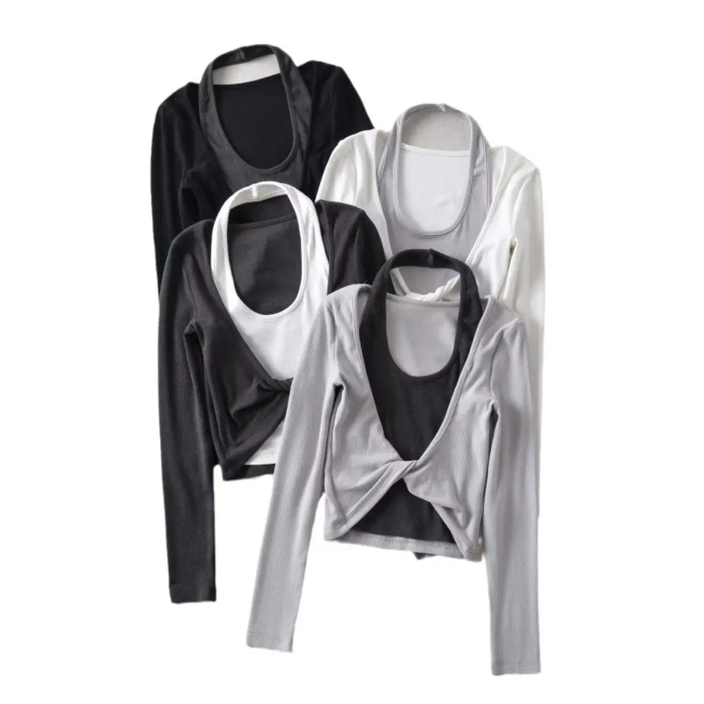 

Autumn Women's Slimming Halter T-Shirt Sexy Twisted Fake Two-Piece Long Sleeve Short Top for Trendy Streetwear