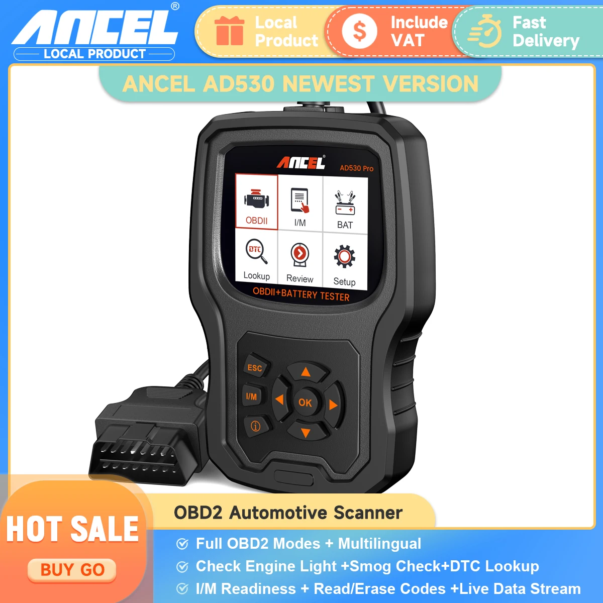 ANCEL AD530 OBD2 Automotive Scanner Battery Tester Code Reader Engine Check Scan Tool ODB OBD 2 Car Diagnostic Tools Free Update