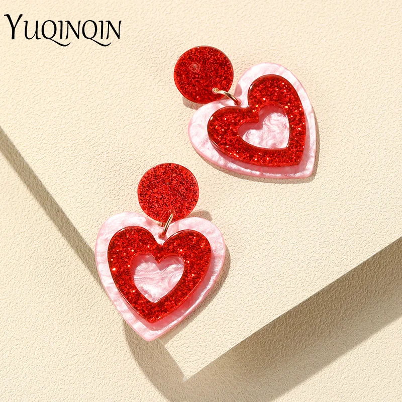 New Korean Long Heart Colorful Acrylic Earrings for Women Trending Big Cute Drop Earrings Party Dangle Brincos Romantic Jewelry